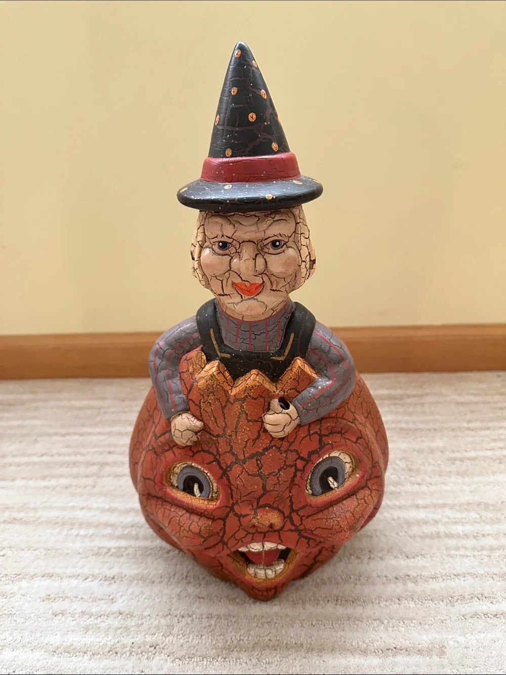 Folk art Halloween Witch in Double Sided Pumpkin Terracotta Crackle Finish 15